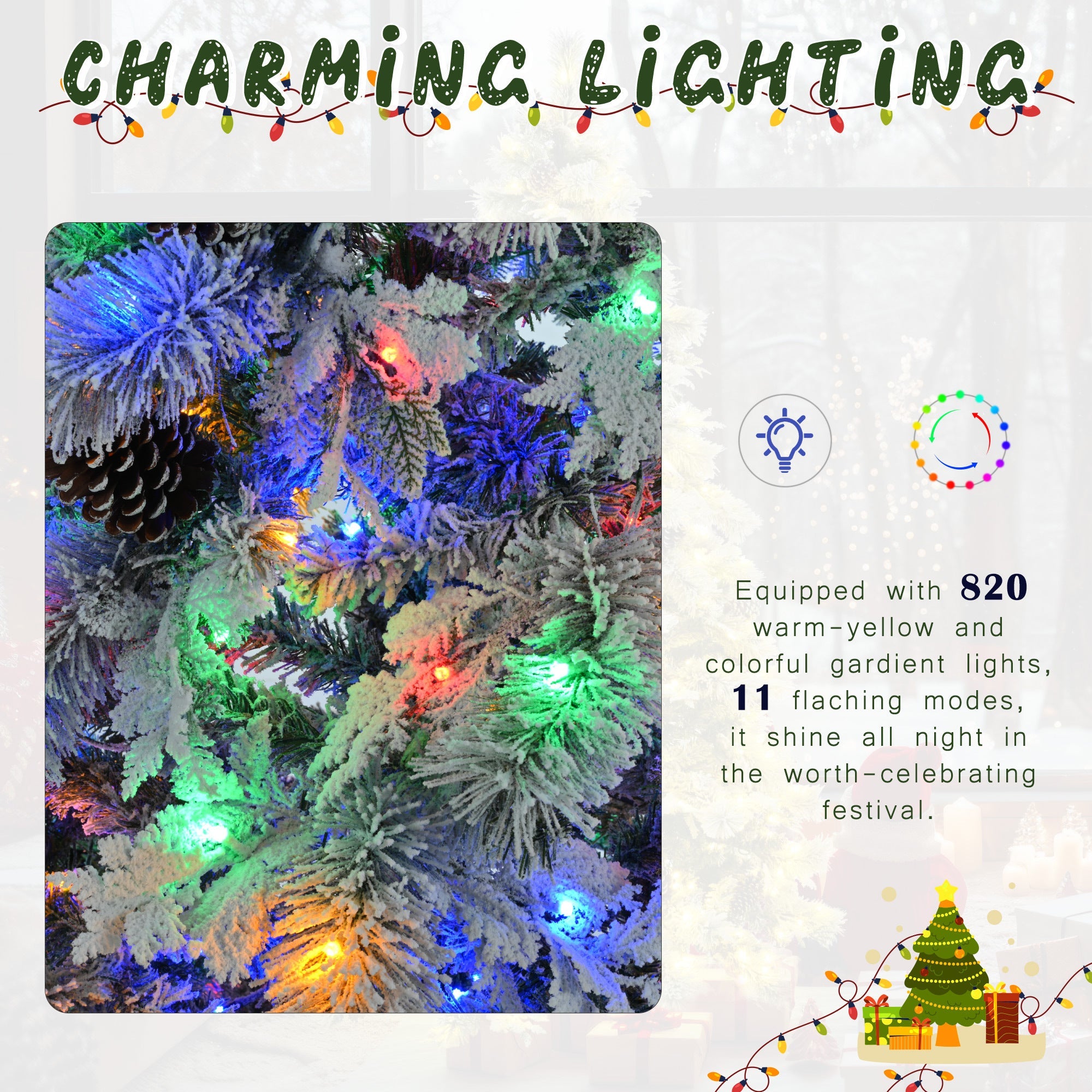 6FT Pre-Lit Spruce Snow Flocked Christmas Tree with Pine Cones, 250 Multi-Color LED Lights, 11 Flashing Modes,