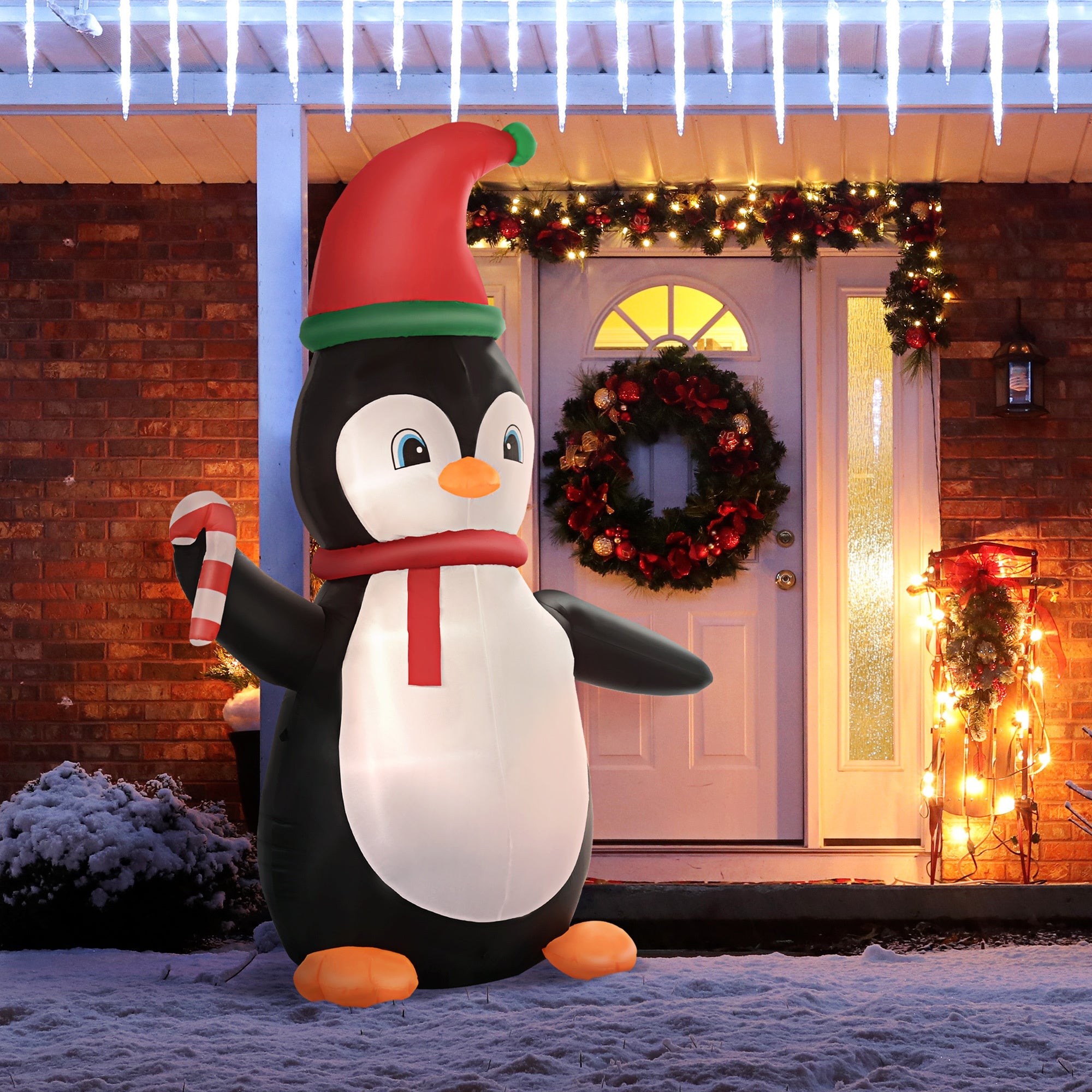 8ft   Penguin with Candy Cane, Blow-Up Yard  with LED Lights Display-Christmas Inflatable