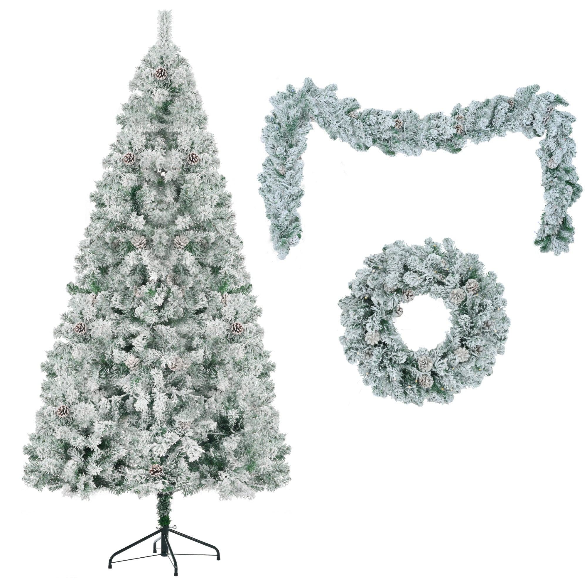 6FT Snow Flocked Christmas Tree, Pre-Lit Set with Tree & Garland & Wreath, Artificial Hinged Xmas Tree with Colorful LED Lights