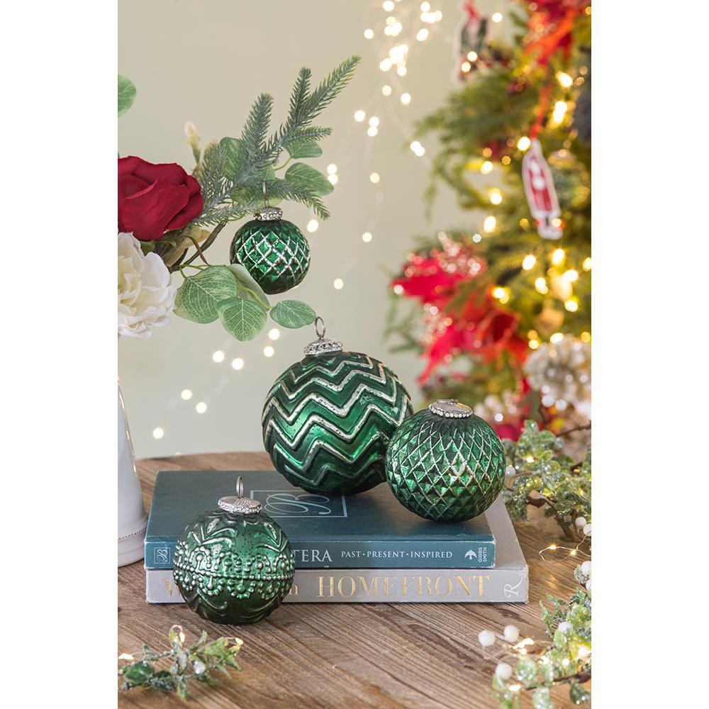 Green Etched Christmas Ball Ornaments,  Set of 6