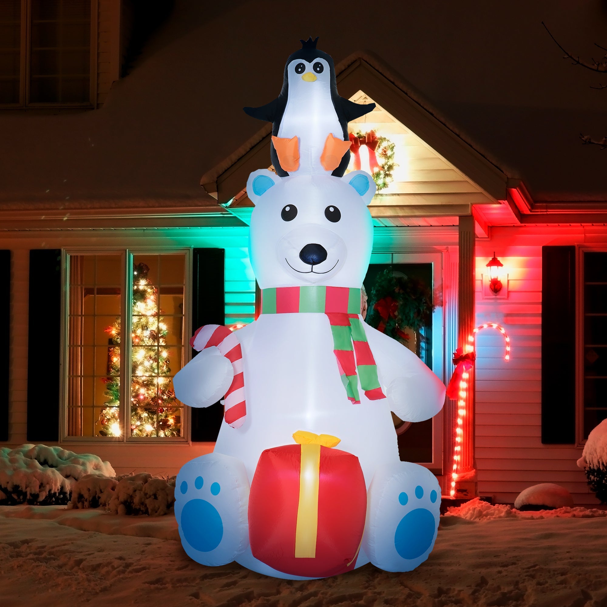 7ft Polar Bear with Penguin on Head with Candy Cane and Gift Box, Blow-Up LED Christmas Inflatables Outdoor