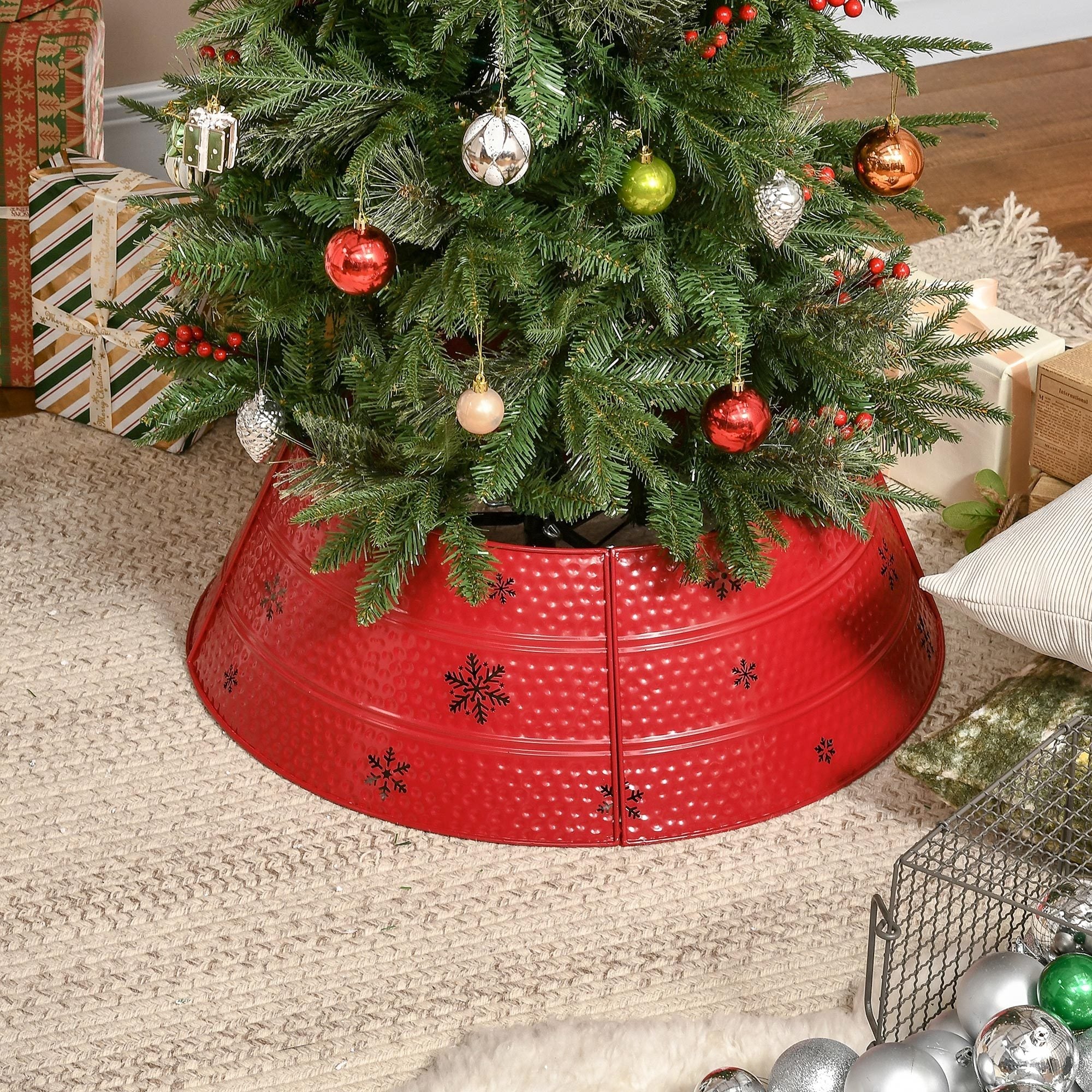 Christmas Tree Collar, Steel Tree Ring Skirt,  26" x 26" x 9", Red