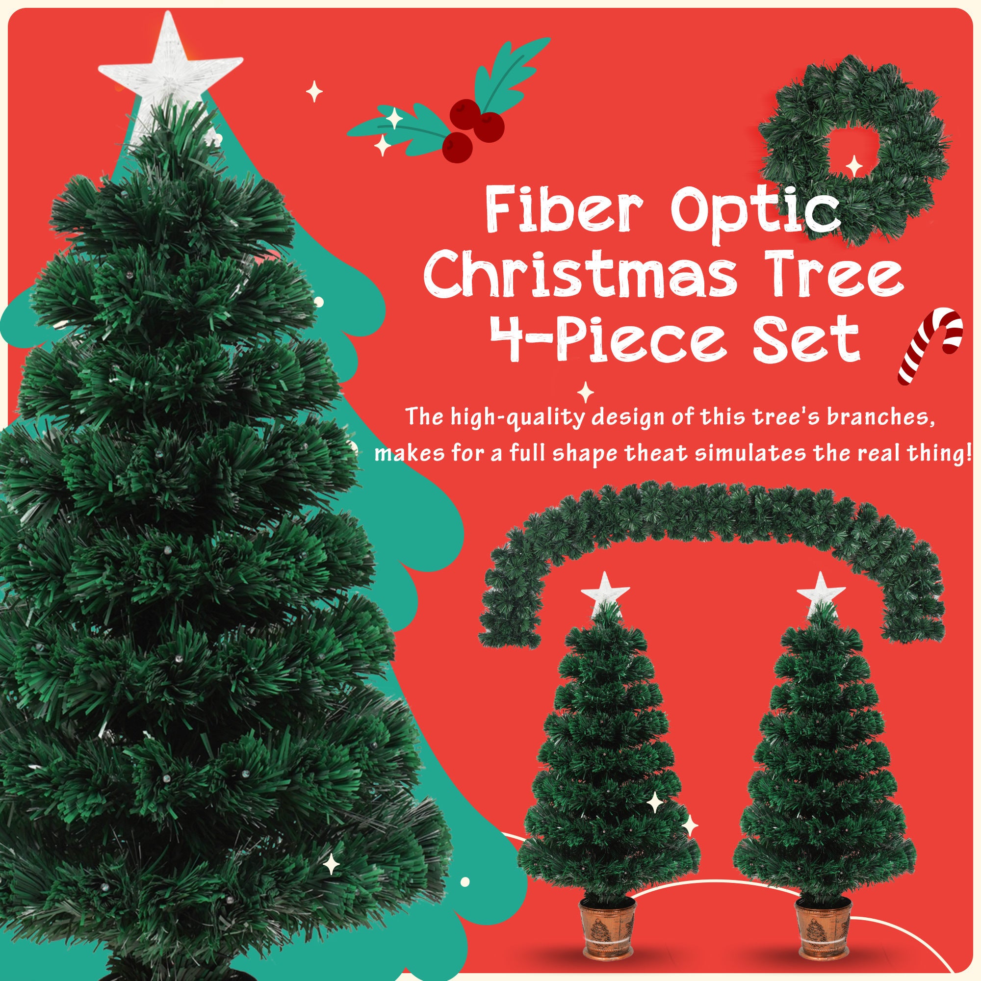 Pre-lit Christmas Tree 4-Piece Set, Christmas Garland, Wreath and set of 2 Entrance Trees