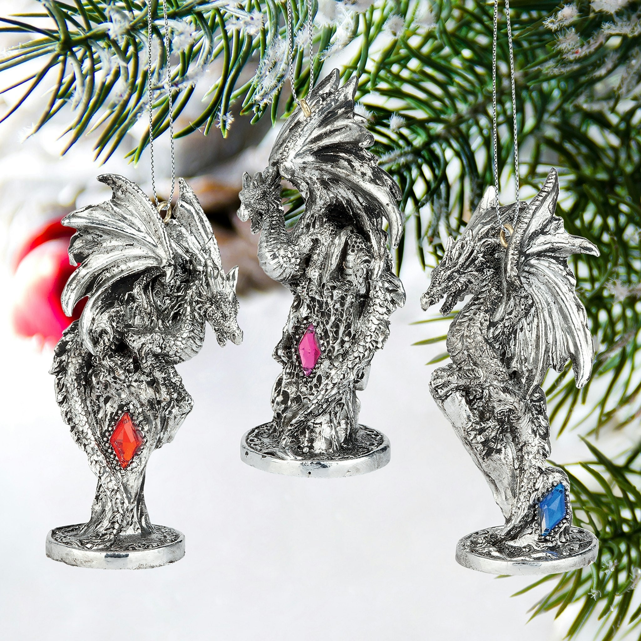 Three Dragons of the Amesbury Holiday Gemstone Ornament Set