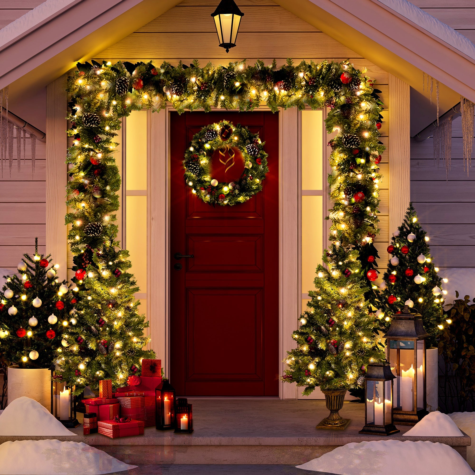 Pre-lit Christmas 4-Piece Set, Garland, Wreath and Set of 2 Entrance Trees X-mas with LED Lights