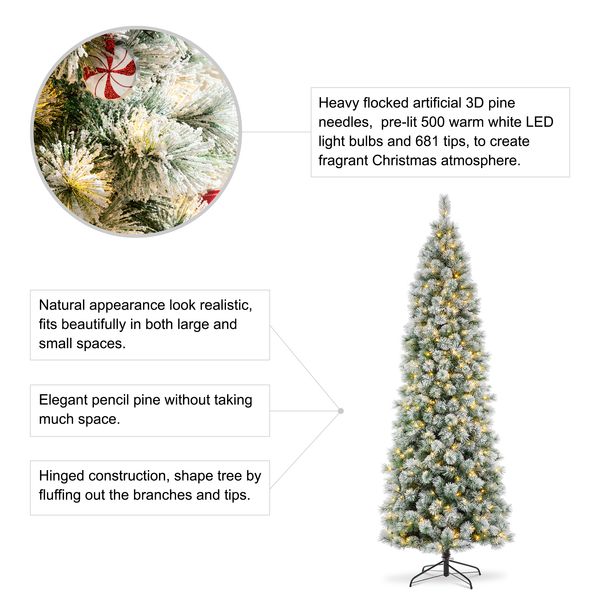 9ft Pre-Lit Flocked Pencil Pine Artificial Christmas Tree with 500 Warm White Lights