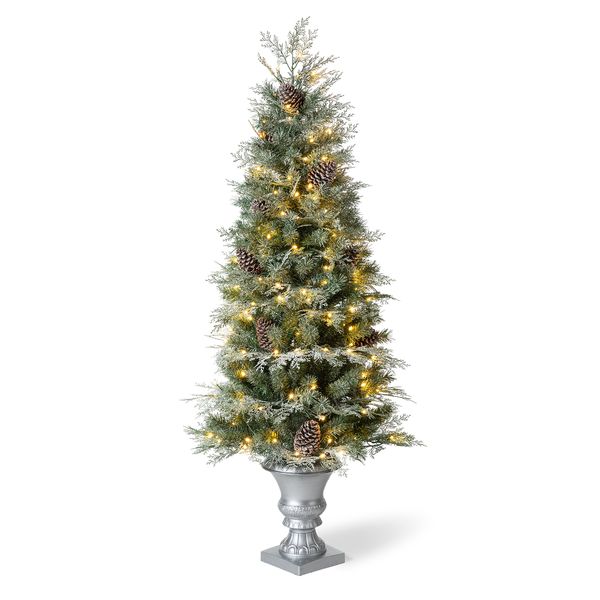 5ft Pre-Lit Flocked Pine Artificial Christmas Porch Tree with Warm White Lights