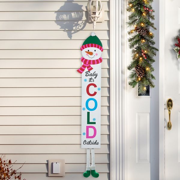 54"H Christmas Wooden "Baby it's COLD Outside" Snowman Porch Sign with Fabric Dangling Legs