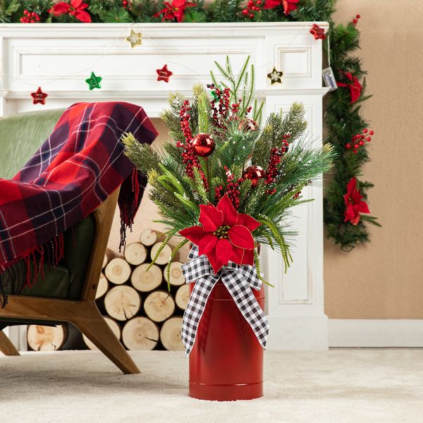 35'' Christmas Floral Potted Porch Tree, Artificial Christmas Tree with Red Vase & Checkered Ribbon,