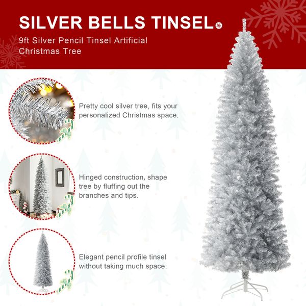 9ft Pencil Tinsel Artificial Christmas Tree with Metal Foldable Stand