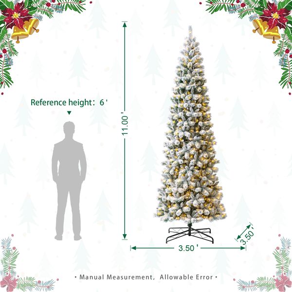 11ft Pre-Lit Flocked Pencil Green Pine Artificial Christmas Tree - Remote Controller