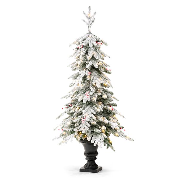 5FT Pre-Lit Flocked Fir Artificial Christmas Porch Tree with 150 Warm White Lights