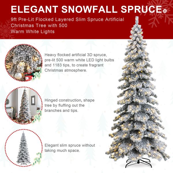 9ft Pre-Lit Flocked Layered Spruce Artificial Christmas Tree with 500 Warm White Lights