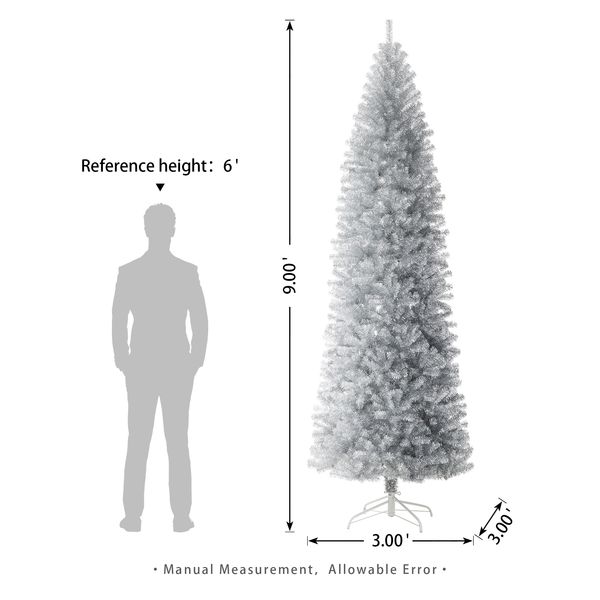 9ft Pencil Tinsel Artificial Christmas Tree with Metal Foldable Stand