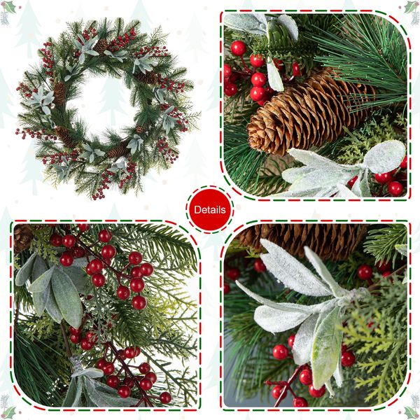 24" Christmas Wreath - Glitzhome Artificial Winter Christmas  Wreath, Front Door Christmas Wreath fo