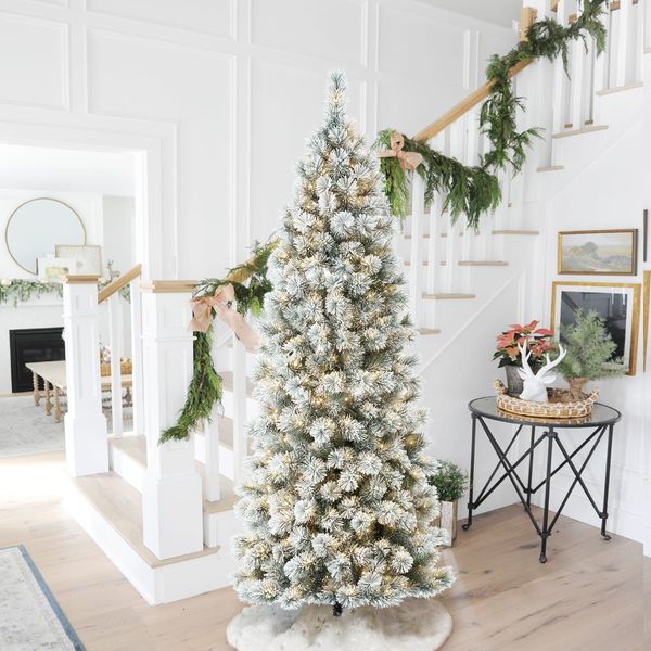 7.5ft Pre-Lit Flocked Pencil Pine Artificial Christmas Tree with 350 Warm White Lights