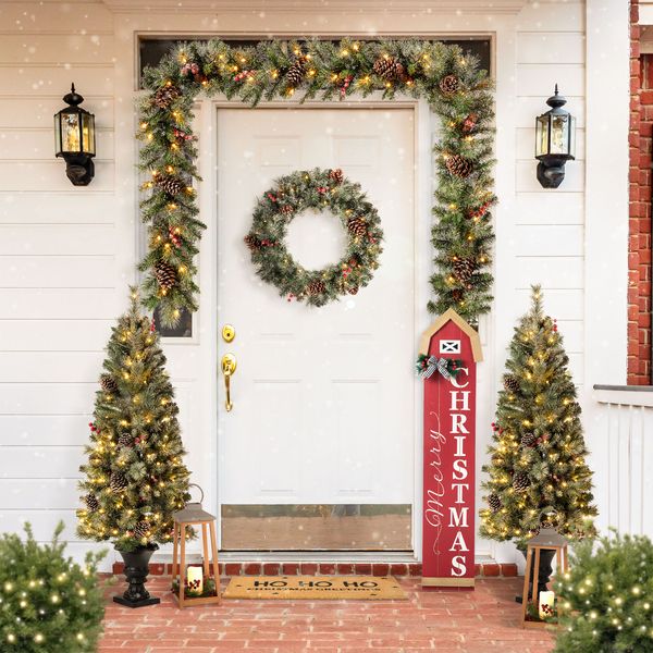 42"H Christmas Wooden"Merry Christmas" House Shape Porch Decor Sign with Floral