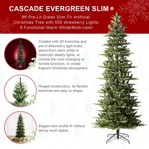 9ft Pre-Lit Green Fir Remote Artificial Christmas Tree with 500 strawberry Lights, 9 Modes