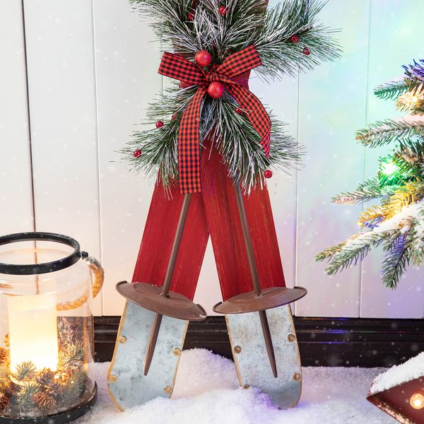 Glitzhome 35" H Red Wooden/Galvanized Christmas Ski Porch Signs Decor