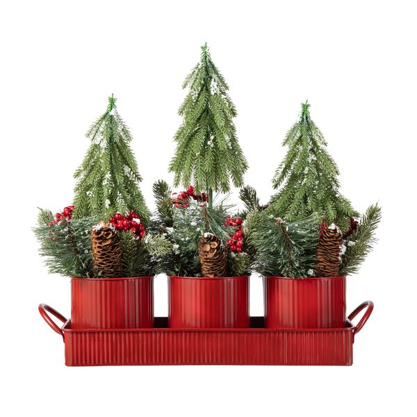 Christmas Metal Potted Triple Trees Centerpiece, Xmas Centerpiece Table Settings, Rustic Table Tree