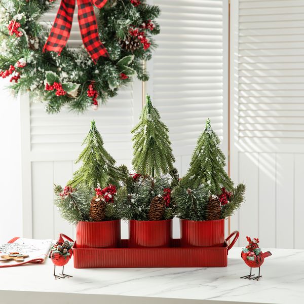 Christmas Metal Potted Triple Trees Centerpiece, Xmas Centerpiece Table Settings, Rustic Table Tree