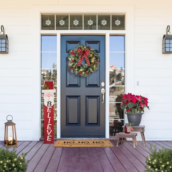 24" LED Christmas Wreath with Timer, Artificial Bowknot Wreath with Pinecones and Berry fo