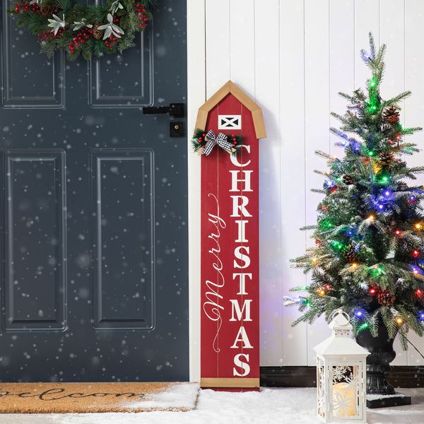 42"H Christmas Wooden"Merry Christmas" House Shape Porch Decor Sign with Floral