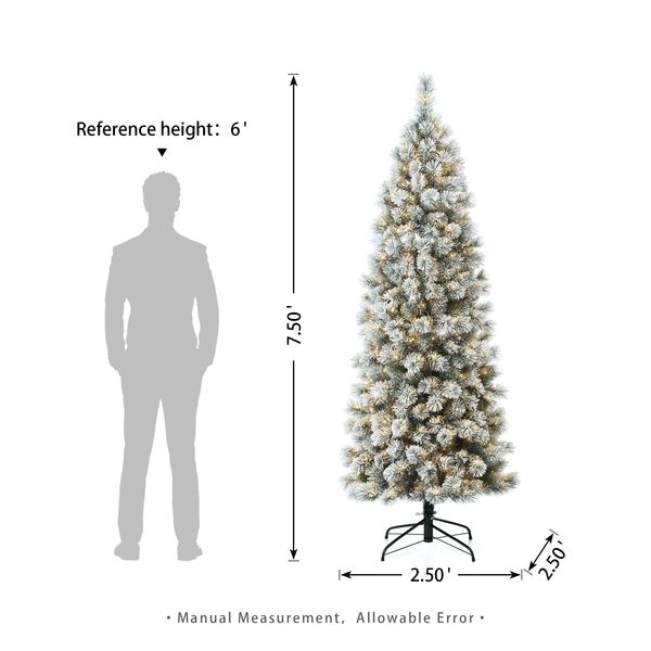 7.5ft Pre-Lit Flocked Pencil Pine Artificial Christmas Tree with 350 Warm White Lights