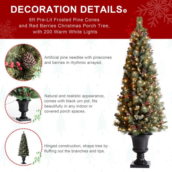 6ft Pre-Lit Frosted Pine Cones and Red Berries Christmas Porch Tree with 200 LEDs