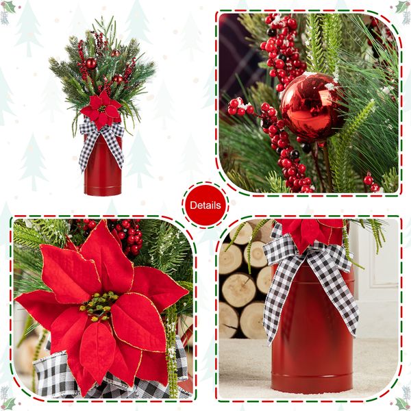 35'' Christmas Floral Potted Porch Tree, Artificial Christmas Tree with Red Vase & Checkered Ribbon,