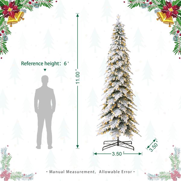 11ft Pre-Lit Flocked Pencil Spruce Artificial Christmas Tree with 700 Warm White Lights