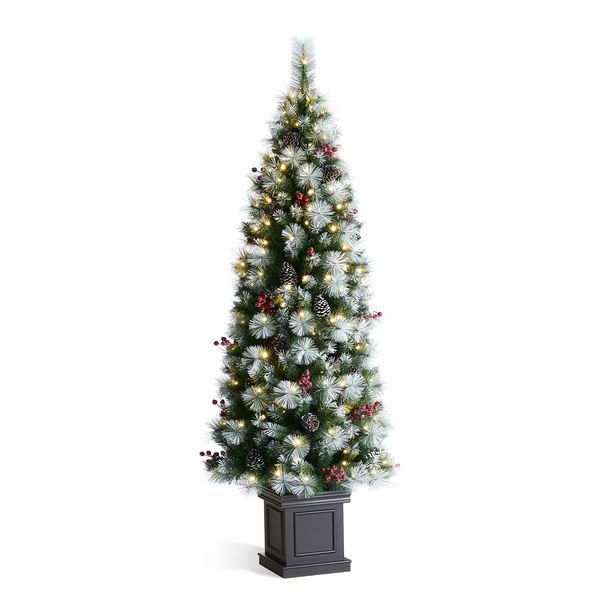 6ft Pre-Lit Greenery Pine Cones and Red Berries Christmas Porch Tree with 200 LEDs