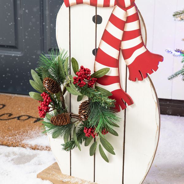 36"H Christmas Wooden/Metal Snowman Porch Decor with Floral Wreath