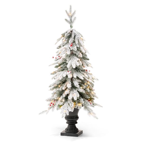 4FT Pre-Lit Flocked Fir Artificial Christmas Porch Tree with 100 Warm White Lights