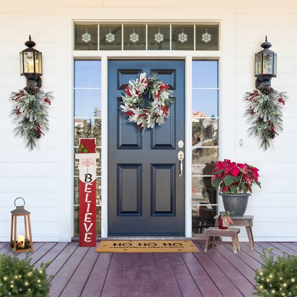 24" Artificial Christmas Wreath for Front Door Decor, Outdoor Wreath Holiday Accent Dec