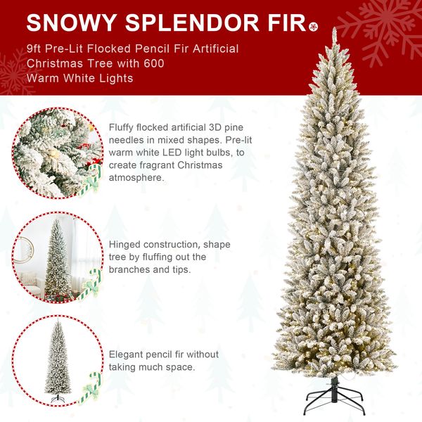 9ft Pre-Lit Flocked Pencil Fir Artificial Christmas Tree with 600 Warm White Lights