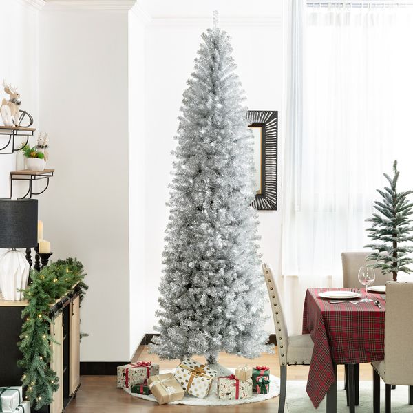 9ft Pencil Tinsel Artificial Christmas Tree with Metal Foldable Stand