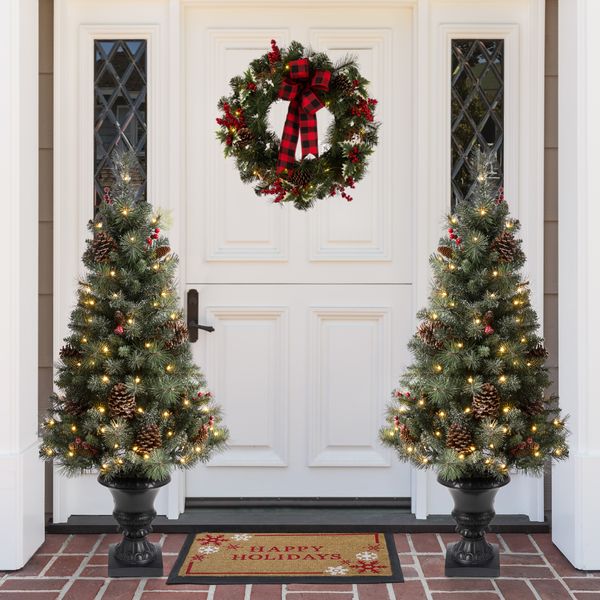 4ft Flocked Christmas Porch Tree Decor With 100 Warm