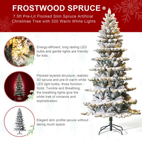 7.5ft Pre-Lit Flocked Spruce Artificial Christmas Tree with 320 Warm White Lights, 3 Modes