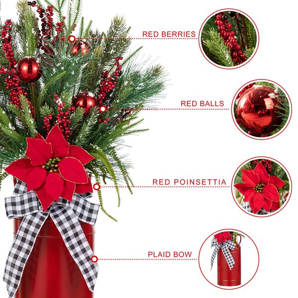 35'' Christmas Floral Potted Porch Tree, Artificial Christmas Tree with Red Vase & Checkered Ribbon,