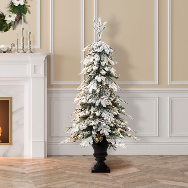 5FT Pre-Lit Flocked Fir Artificial Christmas Porch Tree with 150 Warm White Lights