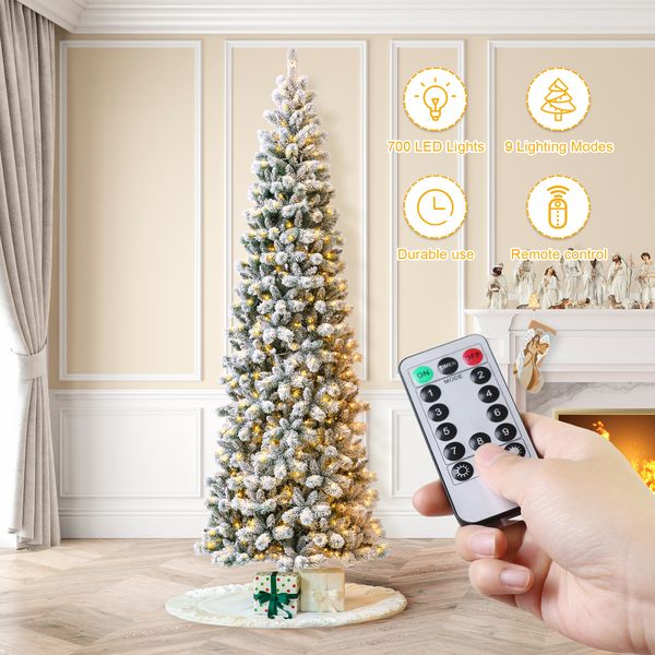 11ft Pre-Lit Flocked Pencil Green Pine Artificial Christmas Tree - Remote Controller