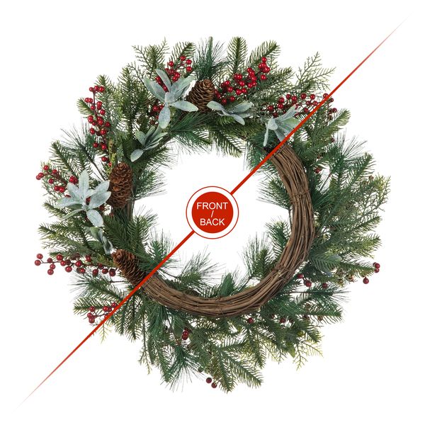 24" Christmas Wreath - Glitzhome Artificial Winter Christmas  Wreath, Front Door Christmas Wreath fo