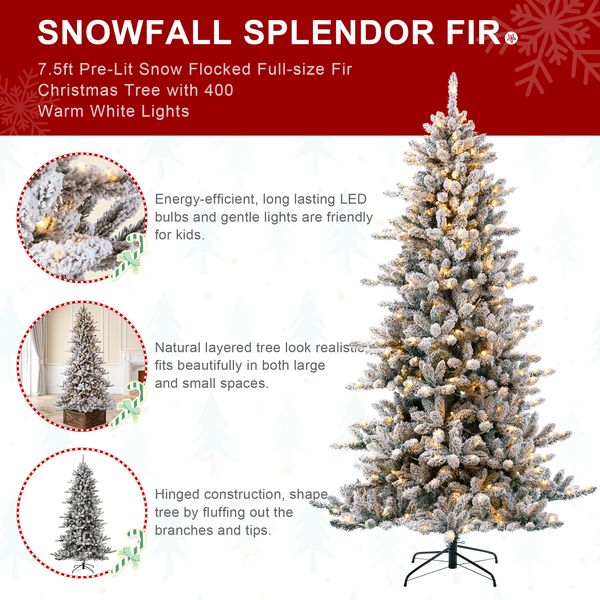 7.5ft Pre-Lit Snow Flocked Fir Artificial Christmas Tree with 400 Warm White Lights