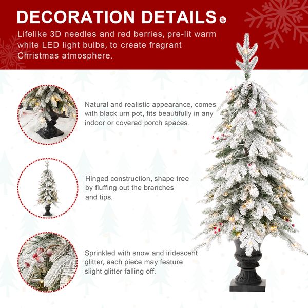 4FT Pre-Lit Flocked Fir Artificial Christmas Porch Tree with 100 Warm White Lights