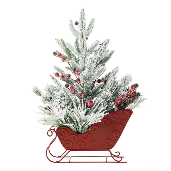 21" H Small Sleigh Christmas Tree Tabletop Decorations with Berry Pinecone