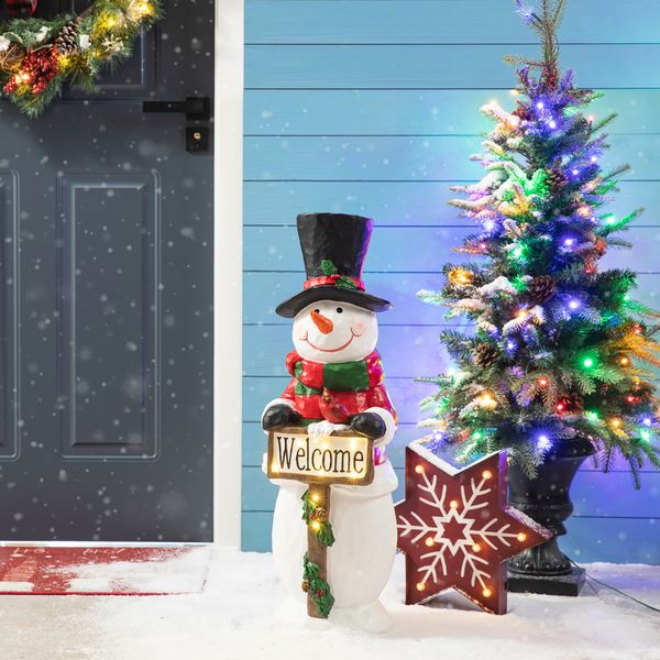 29.25"H Christmas Resin Snowman Porch Decor with 8 Warm Lights and Timer