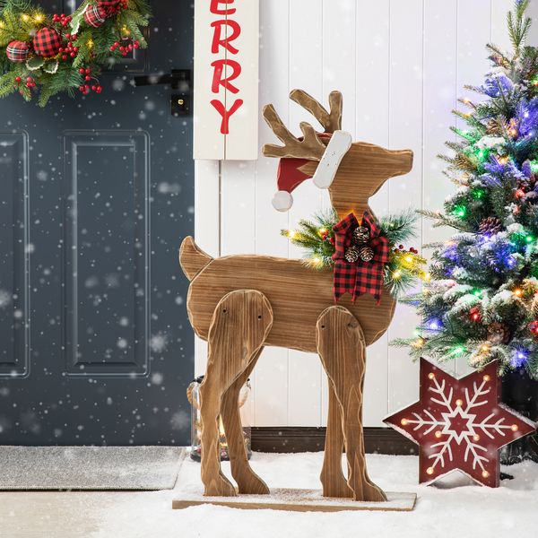 36"H Christmas Lighted Wooden Reindeer Porch Decor with Timer