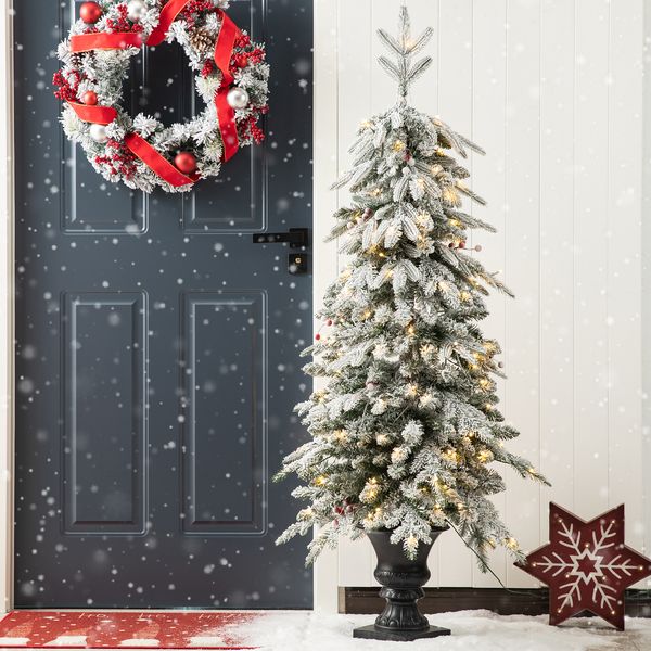 5FT Pre-Lit Flocked Fir Artificial Christmas Porch Tree with 150 Warm White Lights