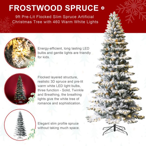 9ft Pre-Lit Flocked Spruce Artificial Christmas Tree with 460 Warm White Lights, 3 Modes